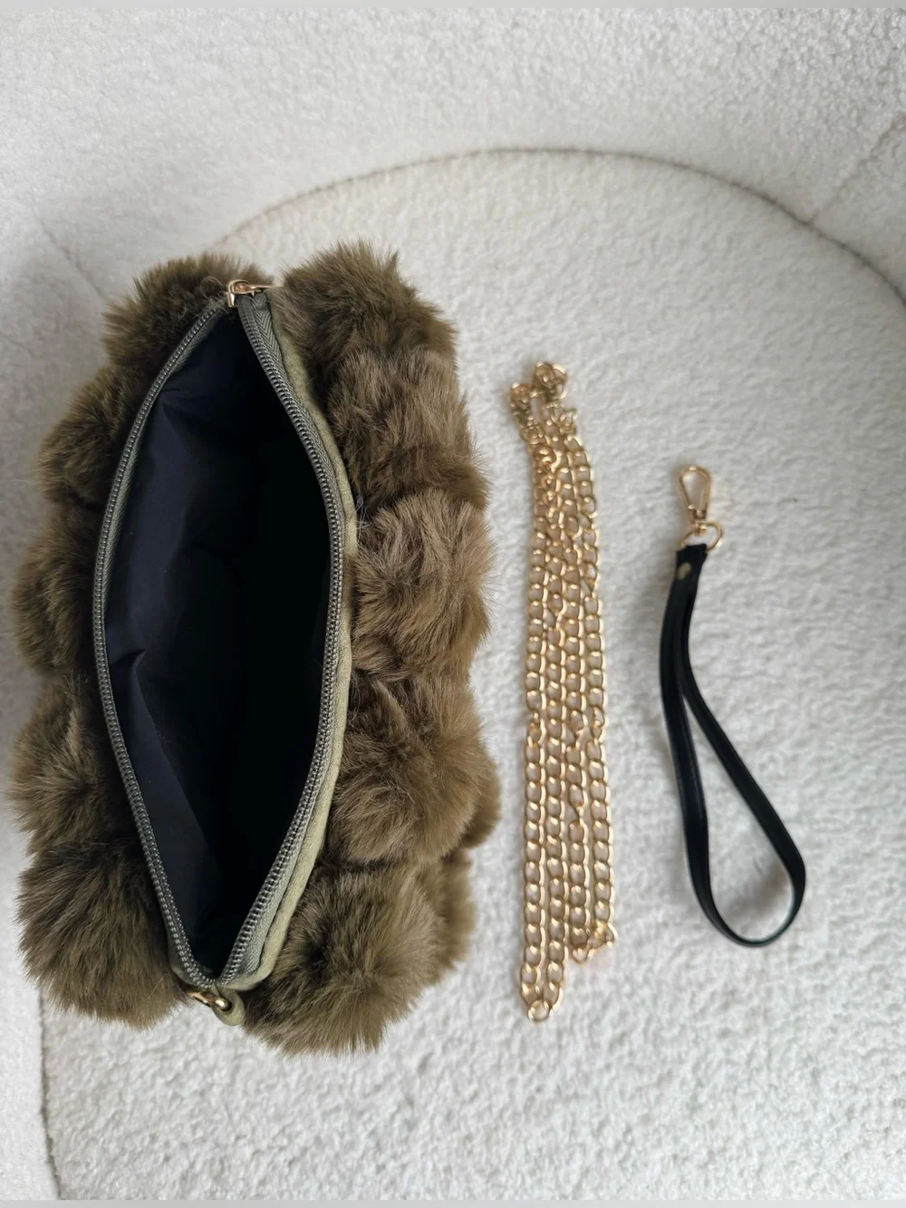 Olive Faux Fur Pom Bag with Gold Zip